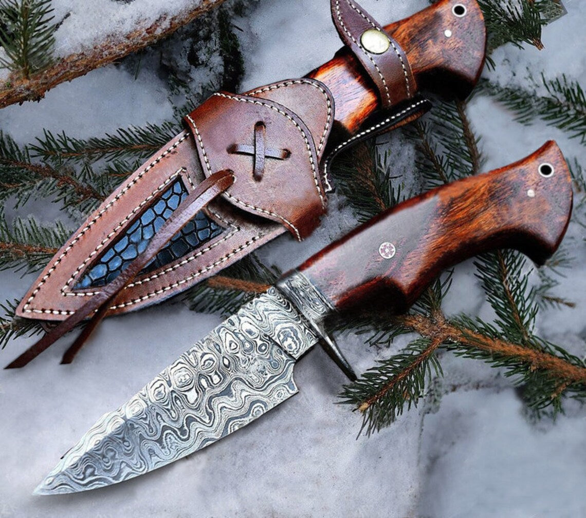 "Custom Handmade Damascus Steel Hunting Camping Knife | Rosewood-Damascus Guard Handle | 9.5 Inches | Leather Sheath | KBS Knives Store" (SC)
