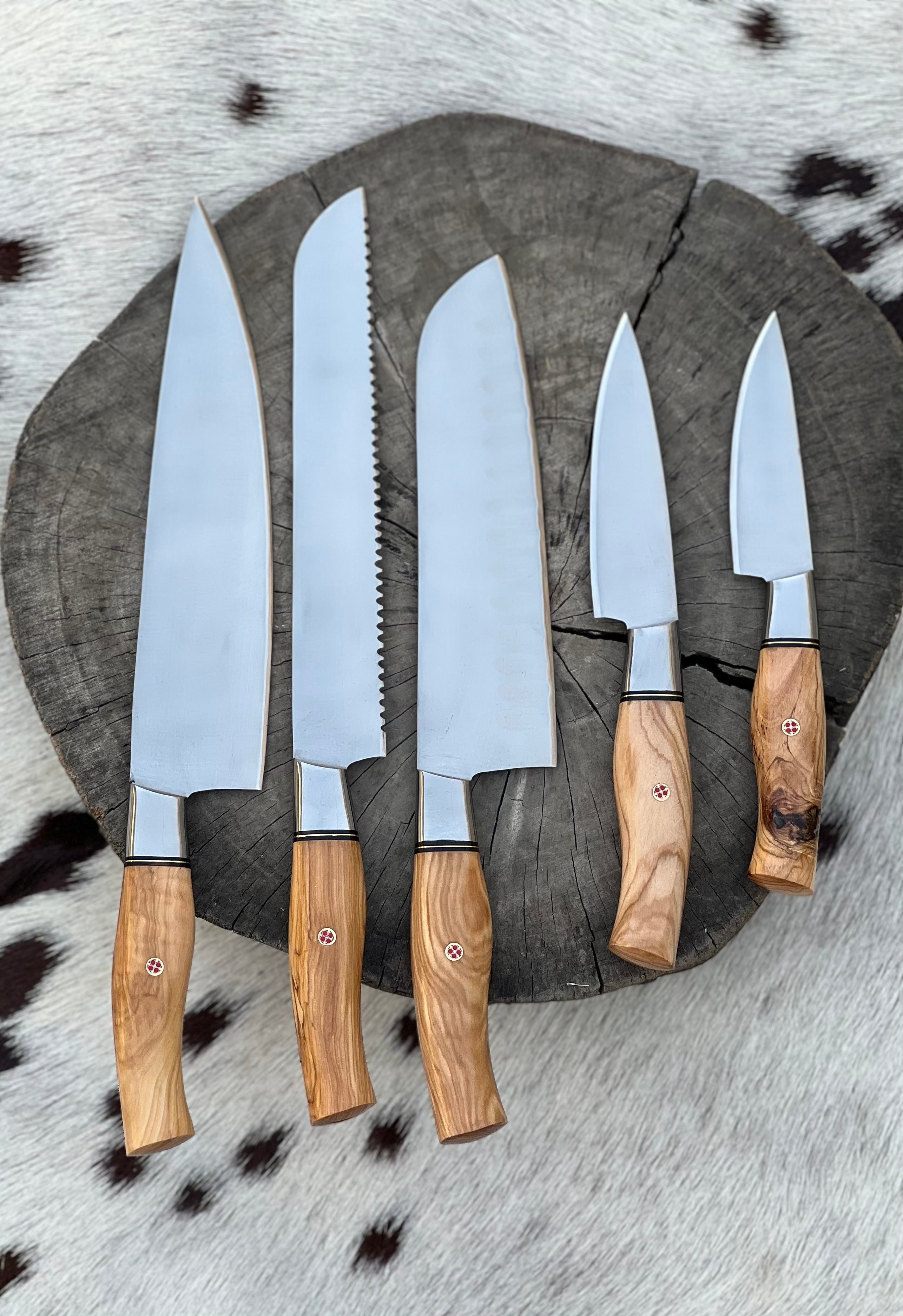 5 Pcs Custom Handmade Stainless Steel Kitchen Knives Set With Olive Wood Handles and Leather Roll - KBS Knives Store (SC)