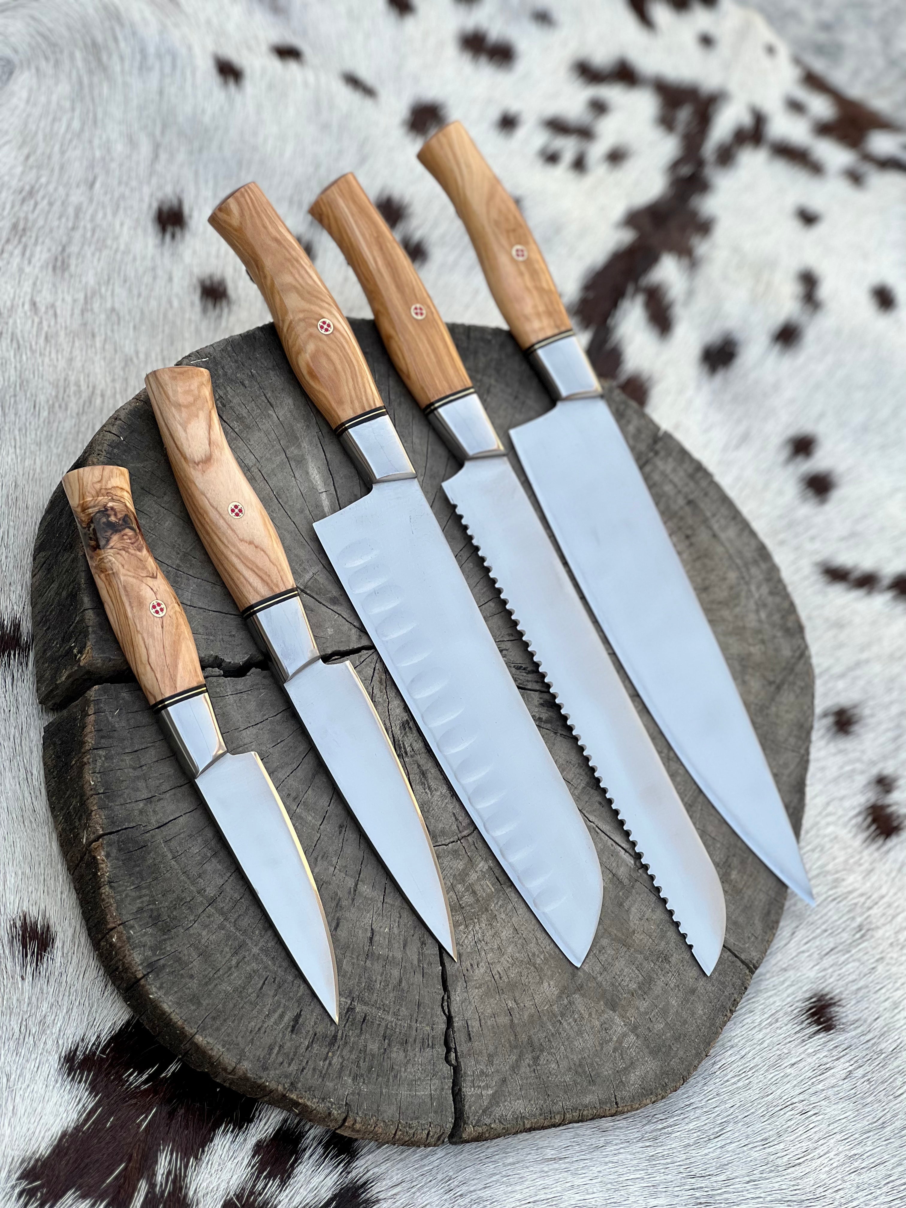 5 Pcs Custom Handmade Stainless Steel Kitchen Knives Set With Olive Wood Handles and Leather Roll - KBS Knives Store (SC)