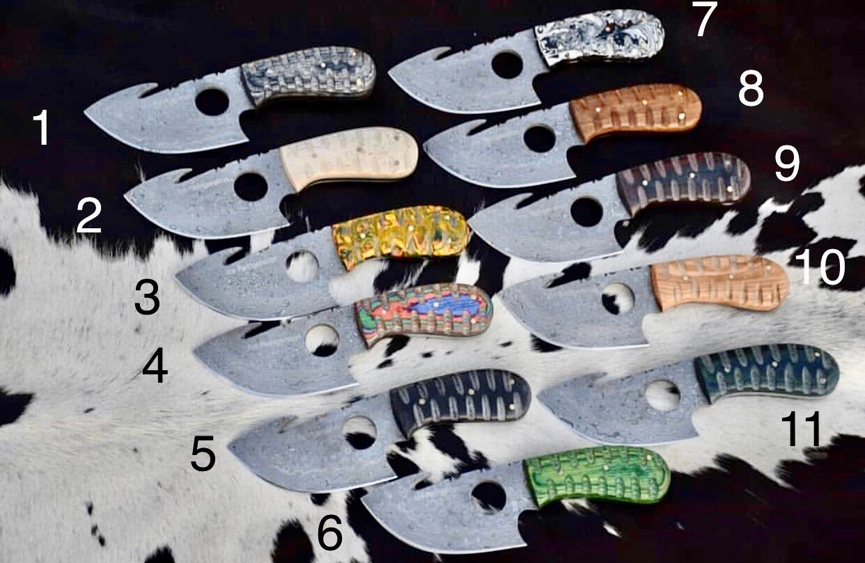 Custom Handmade Raindrop Damascus Steel Guthook Skinner Knives (SC)