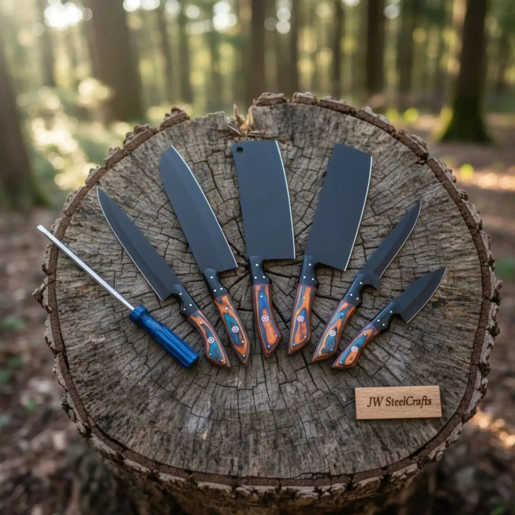 Custom Handmade Japanese Kitchen Knife Set with Multicolor Pakka Wood Handles