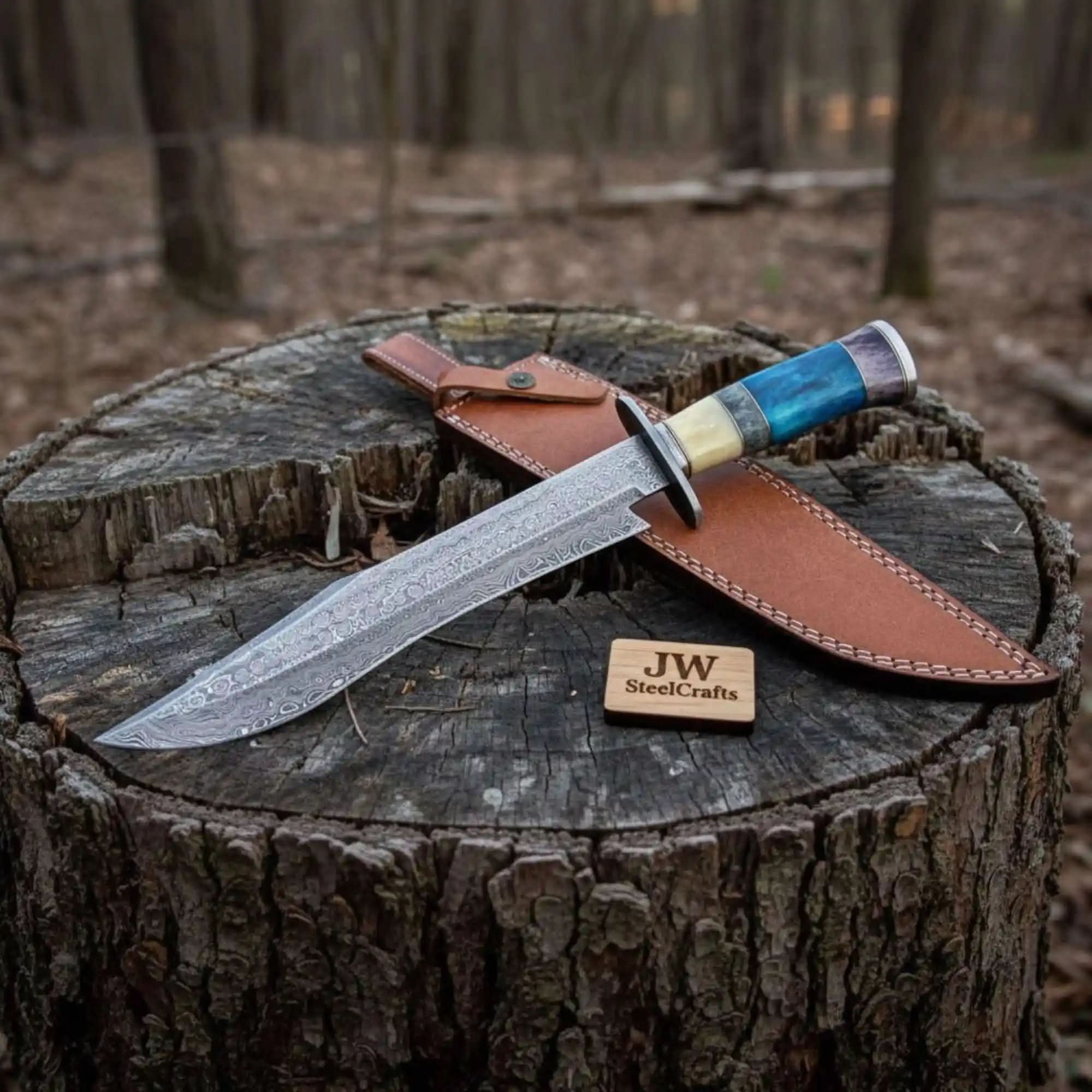 Long California Clip Point Bowie Knife in Forged Damascus Steel