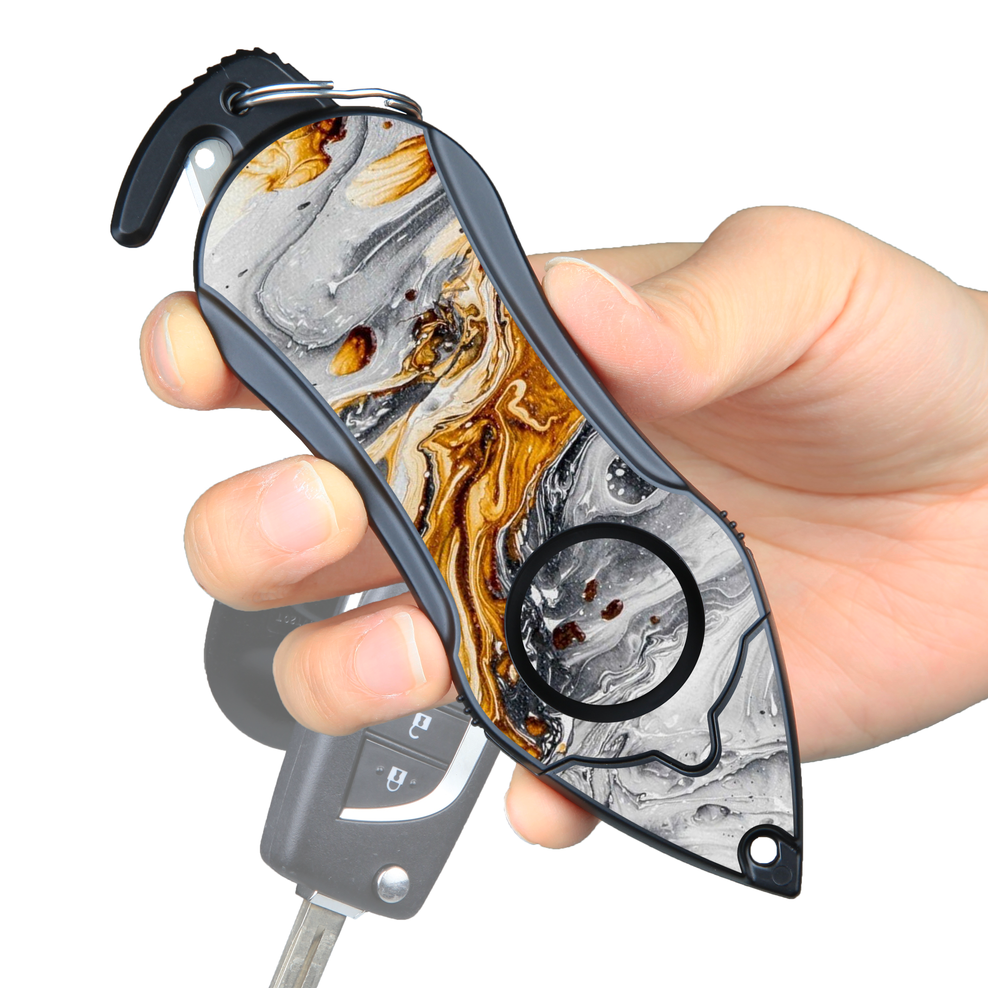 Stinger Personal Safety Alarm Keychain Emergency Tool: Siren Alarm, Seat Belt Cutter, Glass Breaker (Black Marble) (SC)