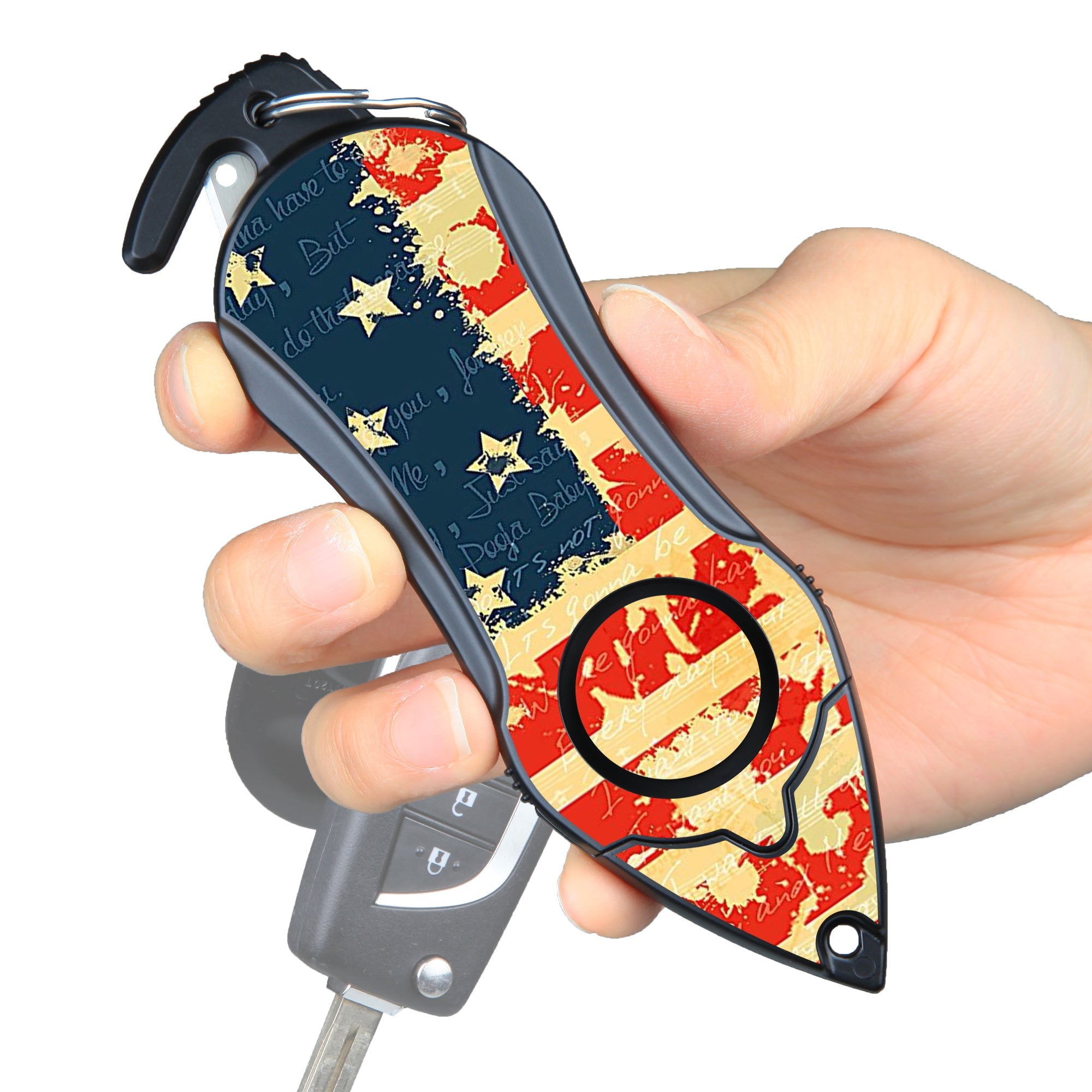 Stinger Personal Safety Alarm Keychain Emergency Tool: Siren Alarm, Seat Belt Cutter, Glass Breaker (USA Flag) (SC)