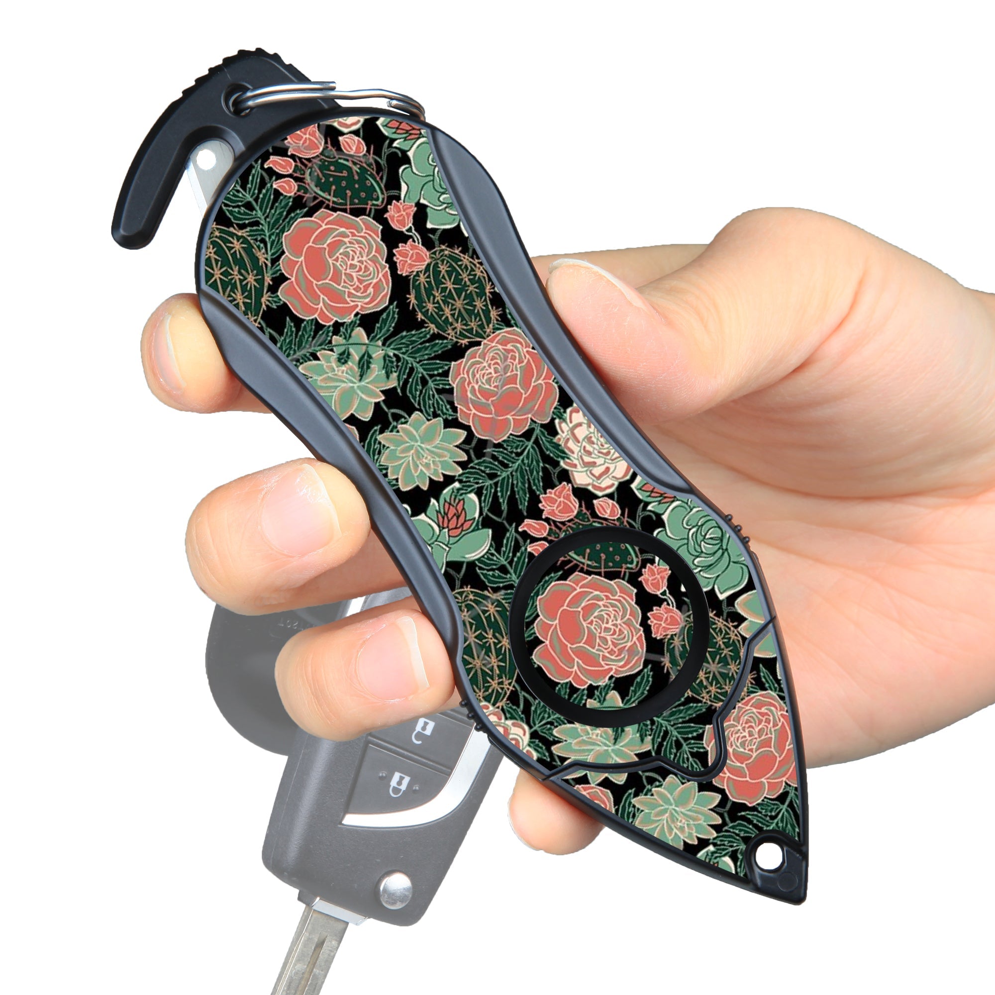 Stinger Personal Safety Alarm Keychain Emergency Tool: Siren Alarm, Seat Belt Cutter, Glass Breaker (Green Flower) (SC)