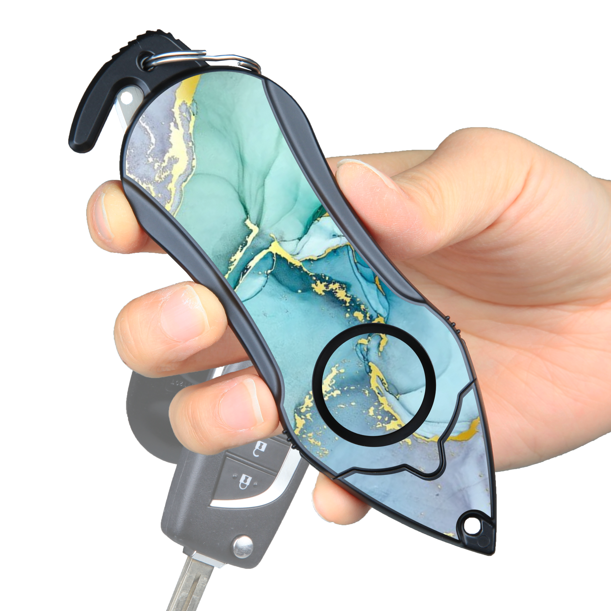 Stinger Personal Safety Alarm Keychain Emergency Tool: Siren Alarm, Seat Belt Cutter, Glass Breaker (Green Marble) (SC)