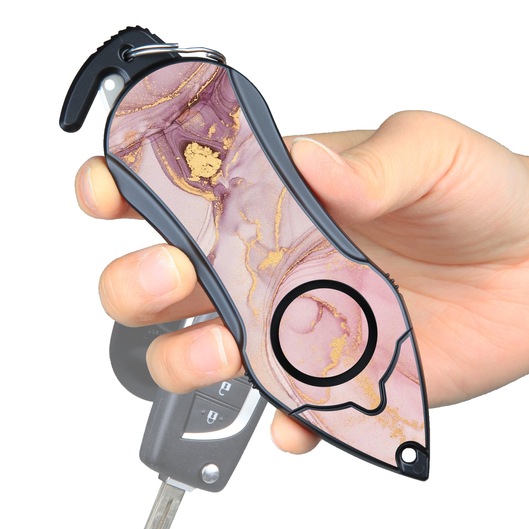 Stinger Personal Safety Alarm Keychain Emergency Tool: Siren Alarm, Seat Belt Cutter, Glass Breaker (Pink Marble) (SC)