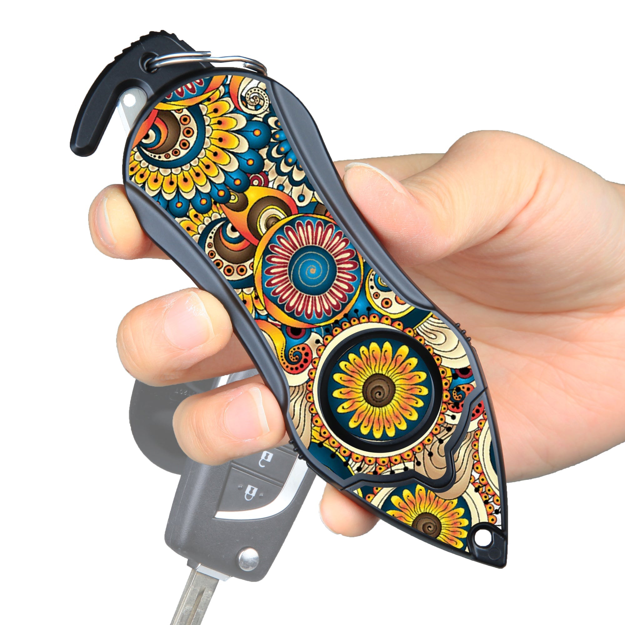 Stinger Personal Safety Alarm Keychain Emergency Tool: Siren Alarm, Seat Belt Cutter, Glass Breaker (Mandala) (SC)