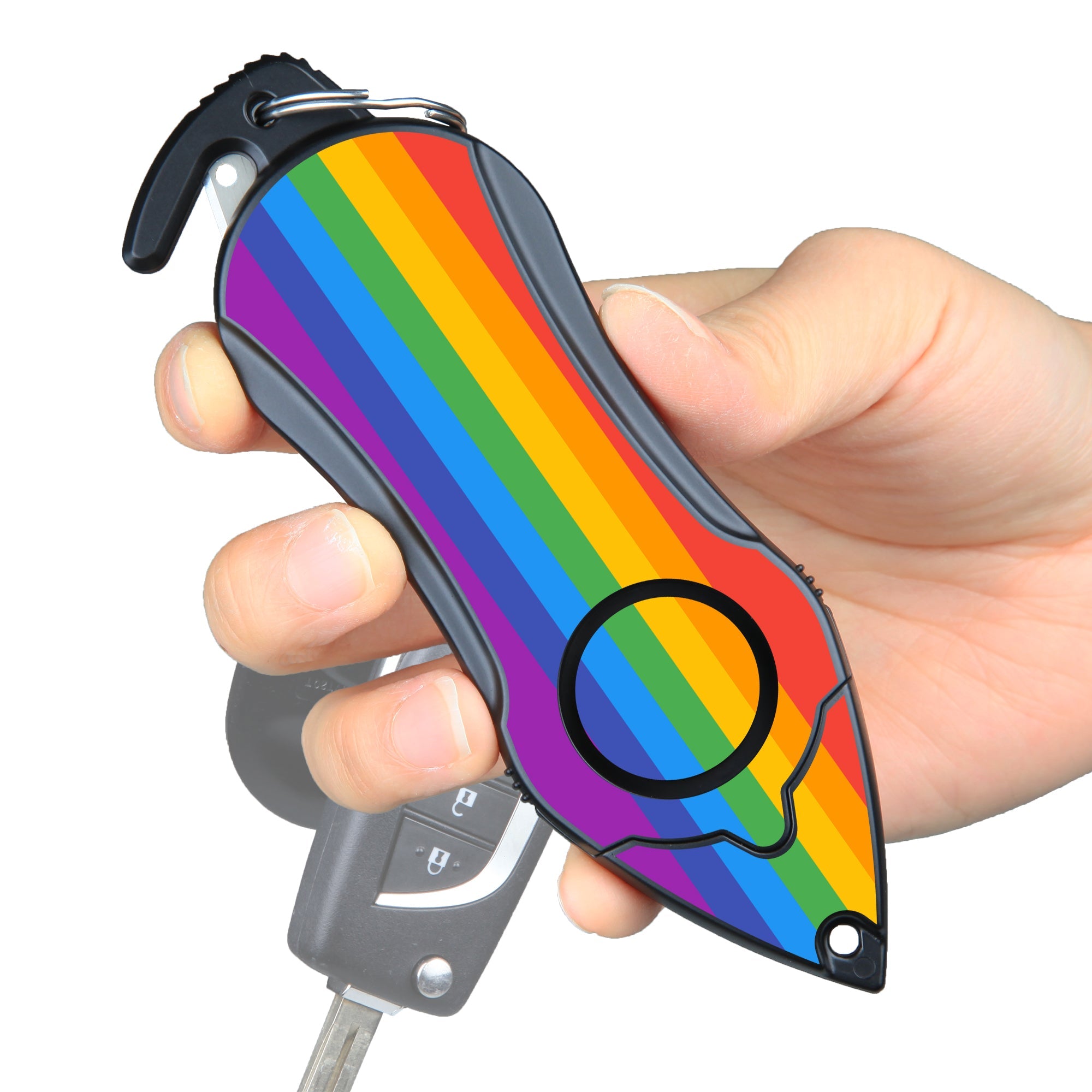 Stinger Personal Safety Alarm Keychain Emergency Tool: Siren Alarm, Seat Belt Cutter, Glass Breaker (Rainbow) (SC)