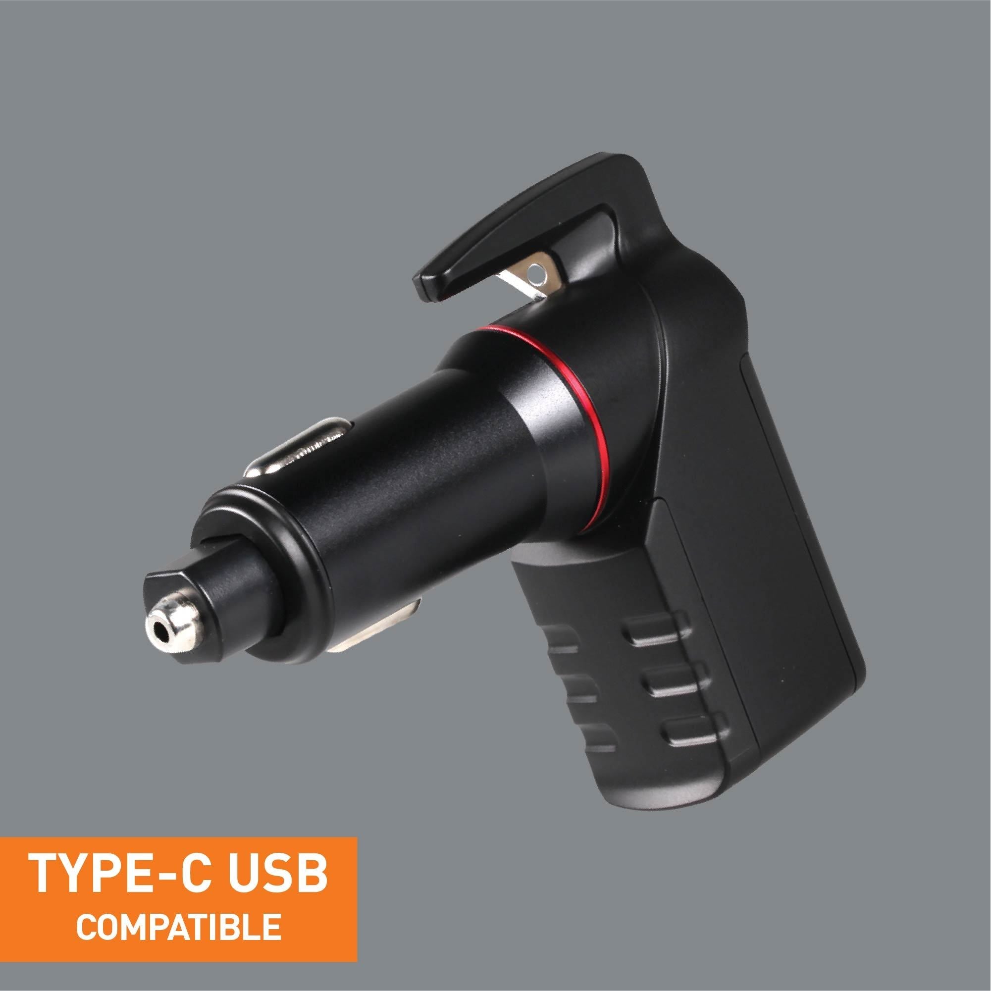 Stinger USB Type-C Car Charger Emergency Tool, Seatbelt Cutter, Spring-Loaded Car Window Breaker (Black) (SC)