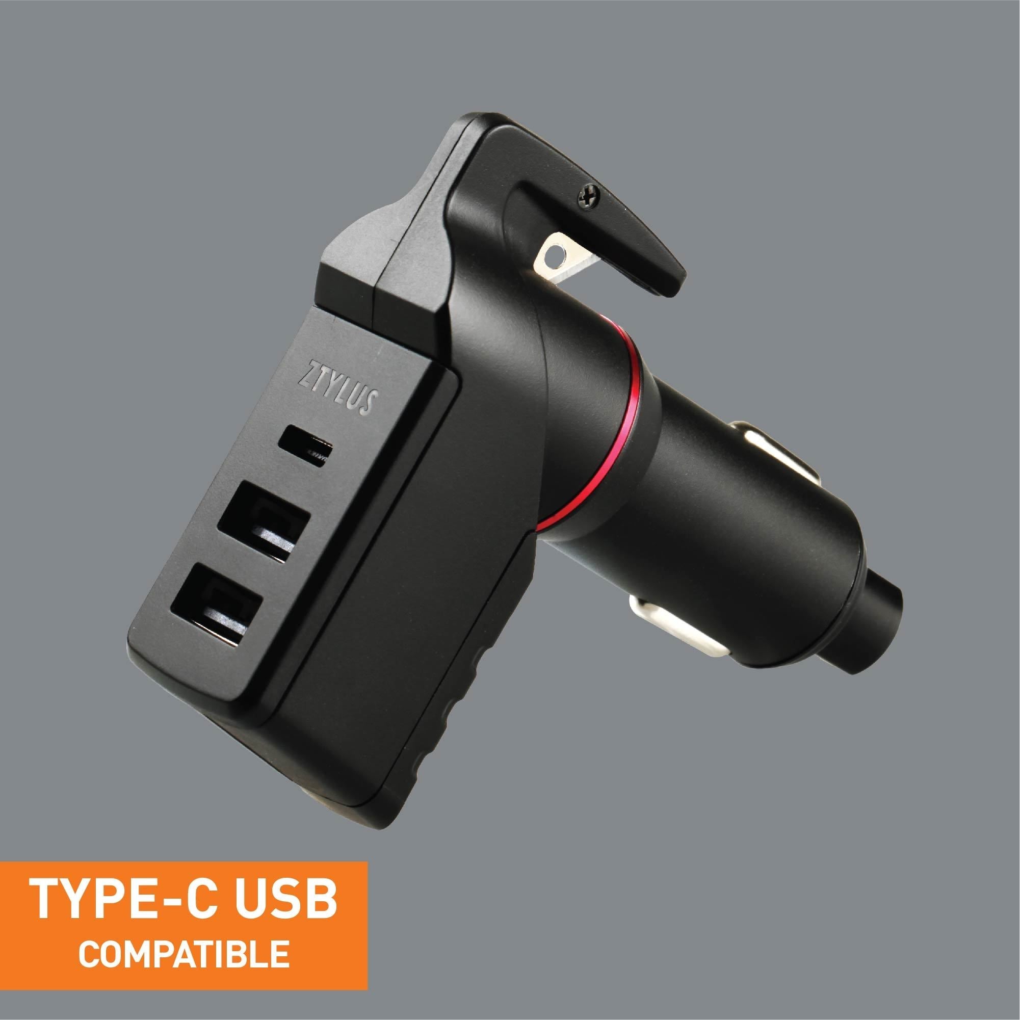 Stinger USB Type-C Car Charger Emergency Tool, Seatbelt Cutter, Spring-Loaded Car Window Breaker (Black) (SC)