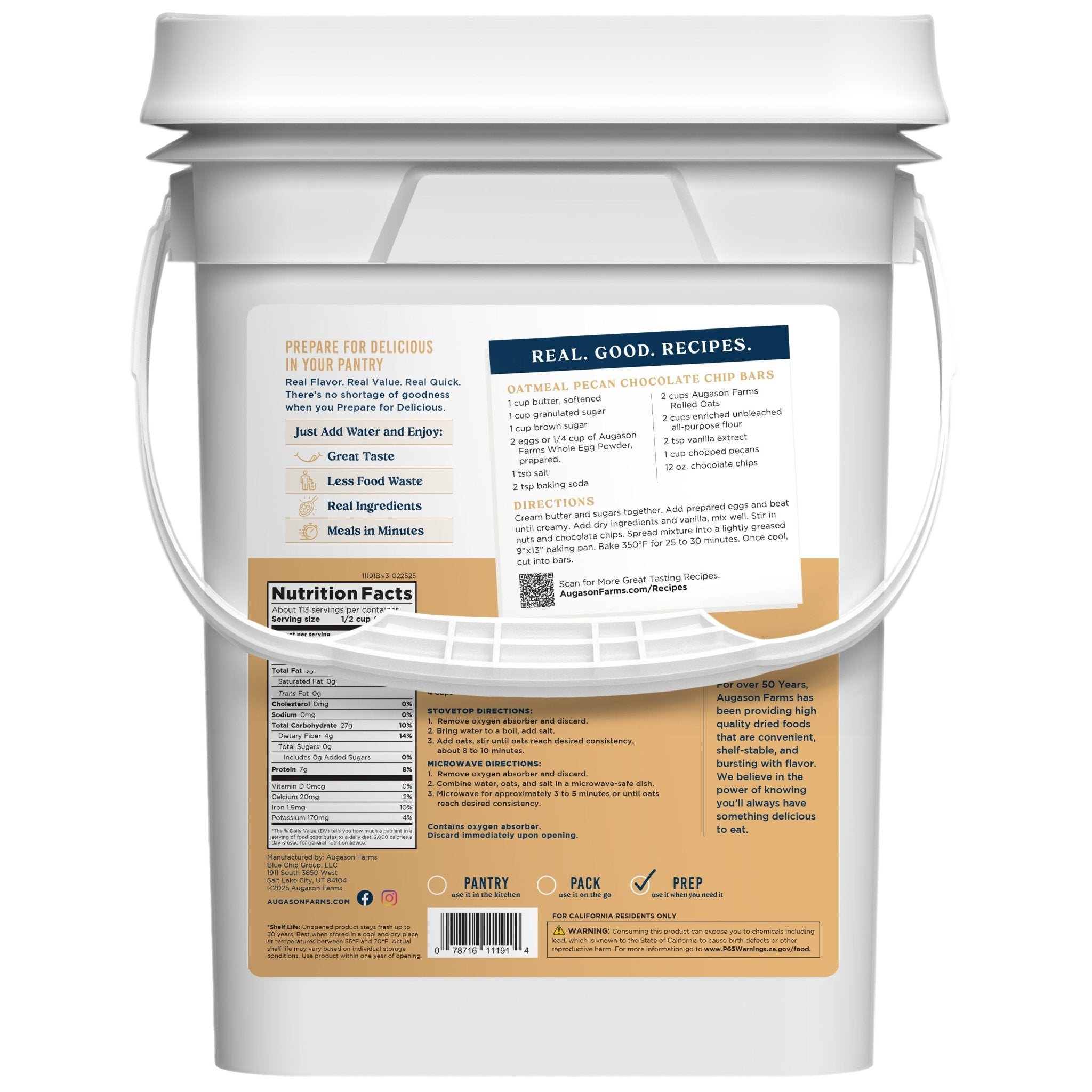 Old Fashioned Rolled Oats 4 Gallon Pail, 113 Servings (SC)