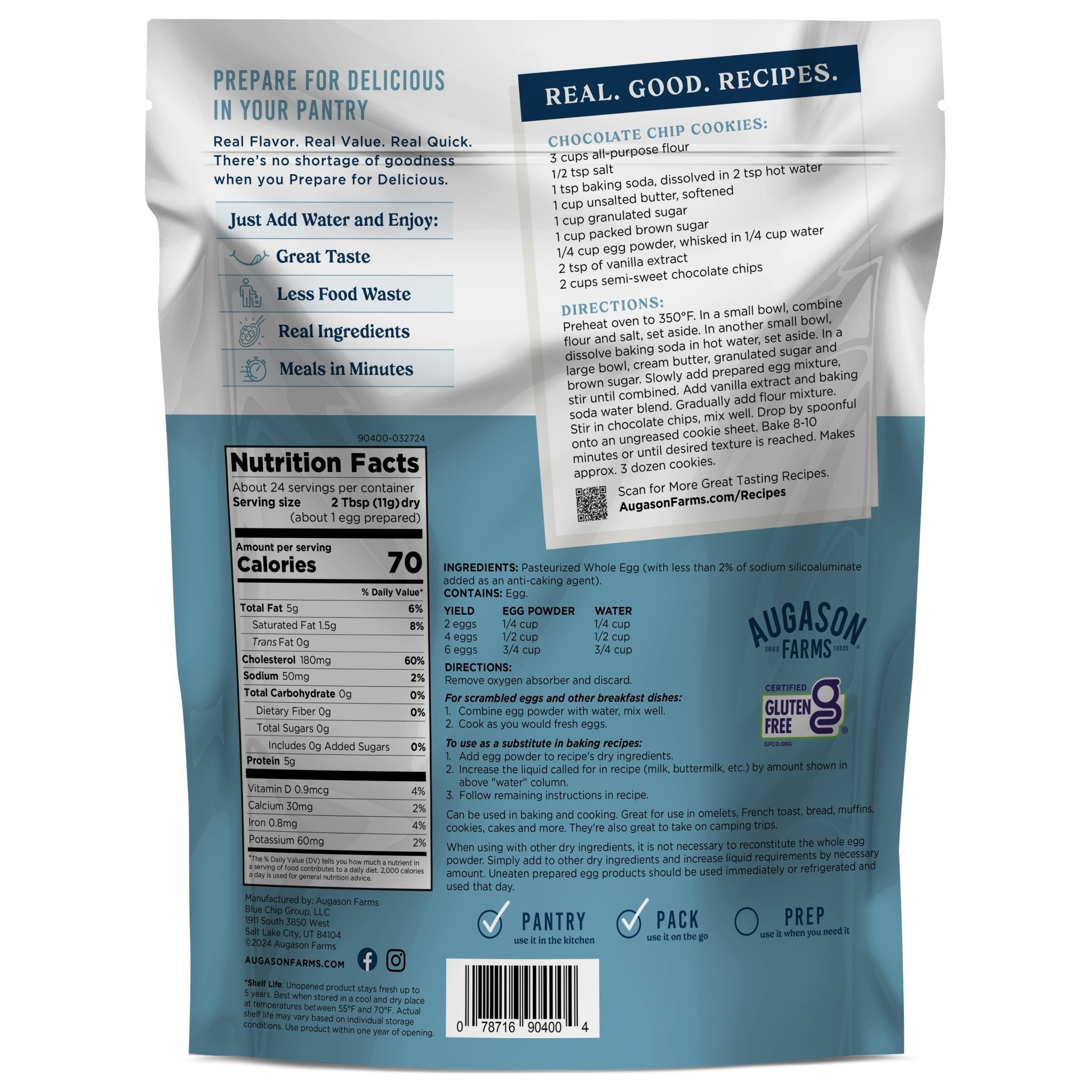 Pasteurized Dried Whole Egg Powder Pouch, 24 Servings