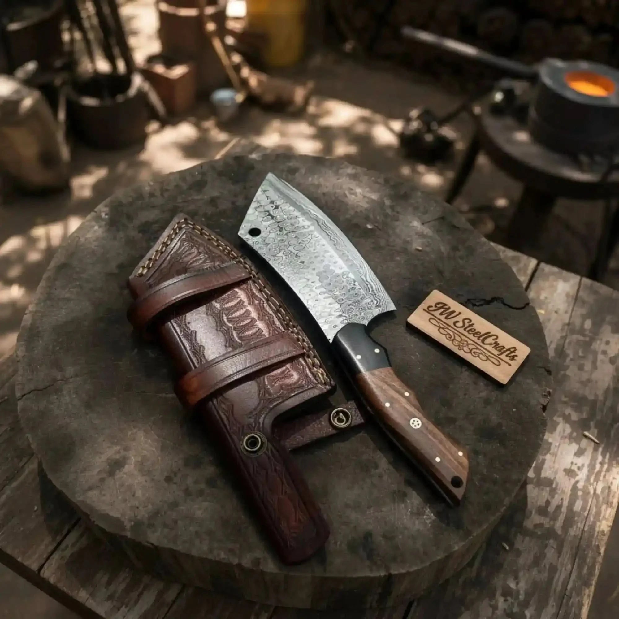 Hand-Forged Damascus Kiritsuke Cleaver Chef Knife — Raindrop Blade Full Tang