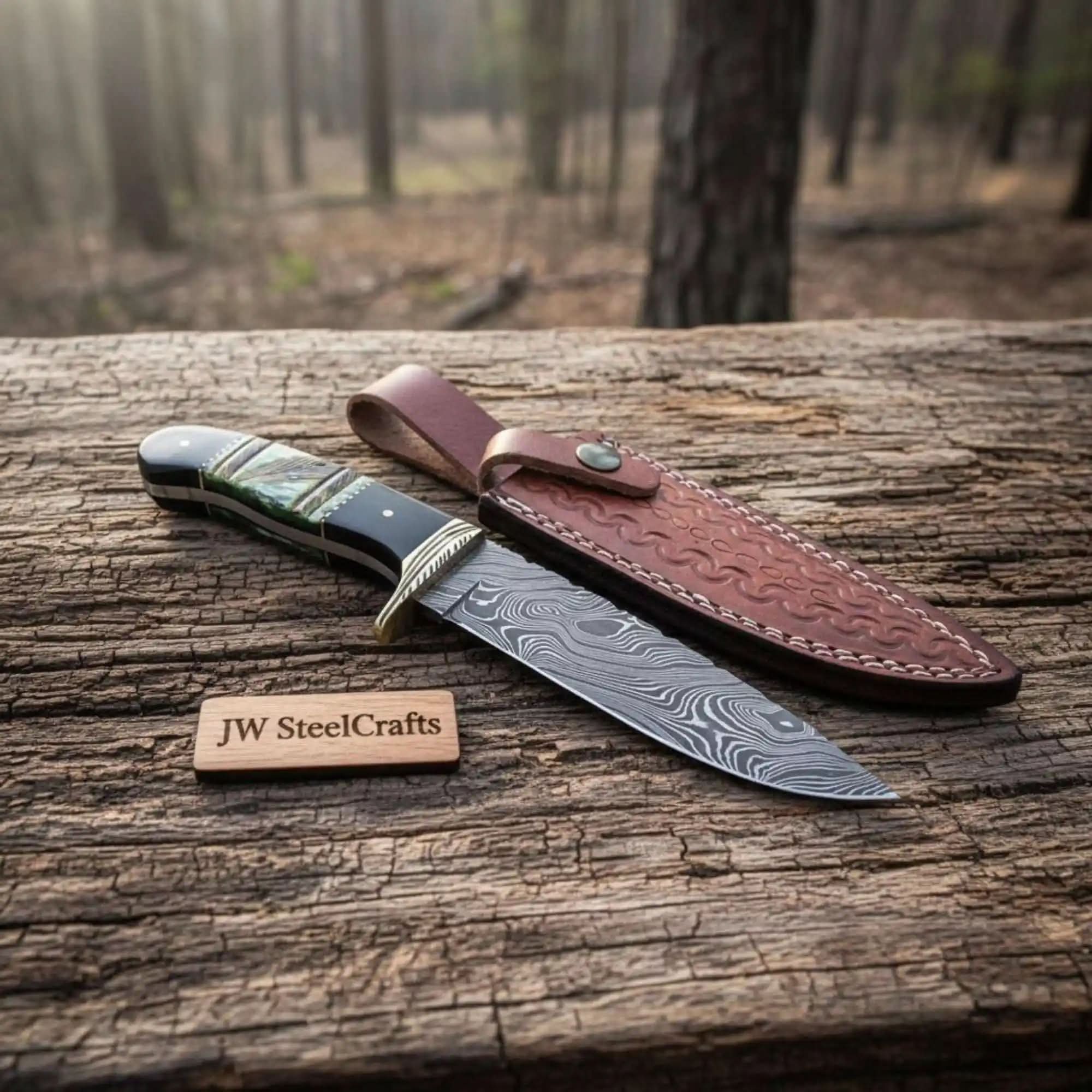 Compact Damascus Clip Point Bowie Knife with Green Bone Handle