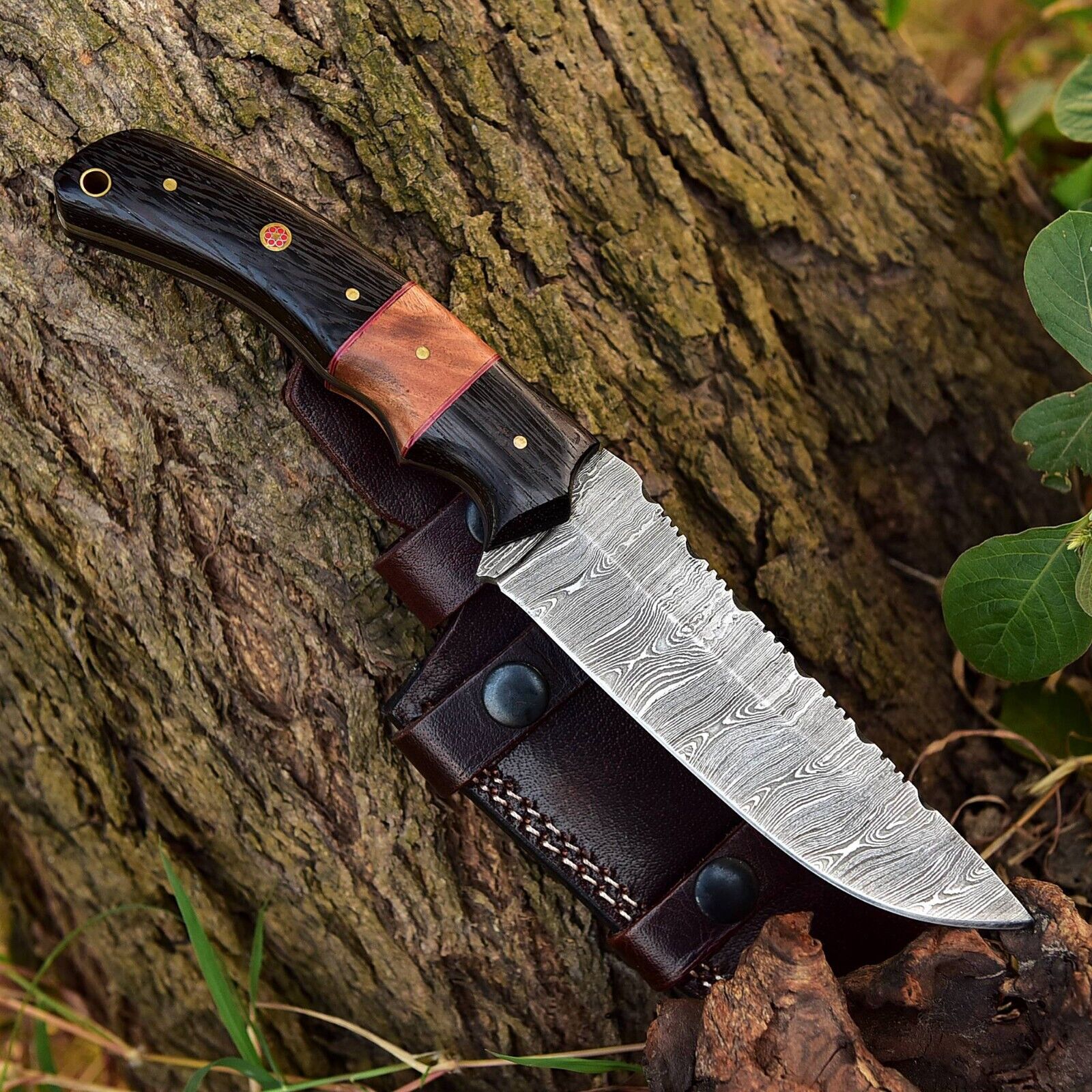 Wilderness Wanderer: Hunting Knife with Twist  (SC)Damascus Steel Blade, Wenge Wood and Olivewood Handle, and Leather Sheath