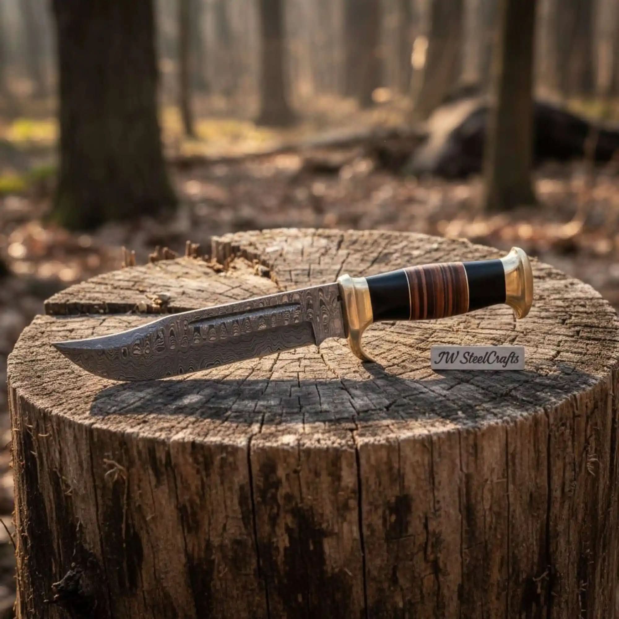 Hammer Forged Damascus Clip Point Bowie Knife with Resin & Stacked Leather Handle