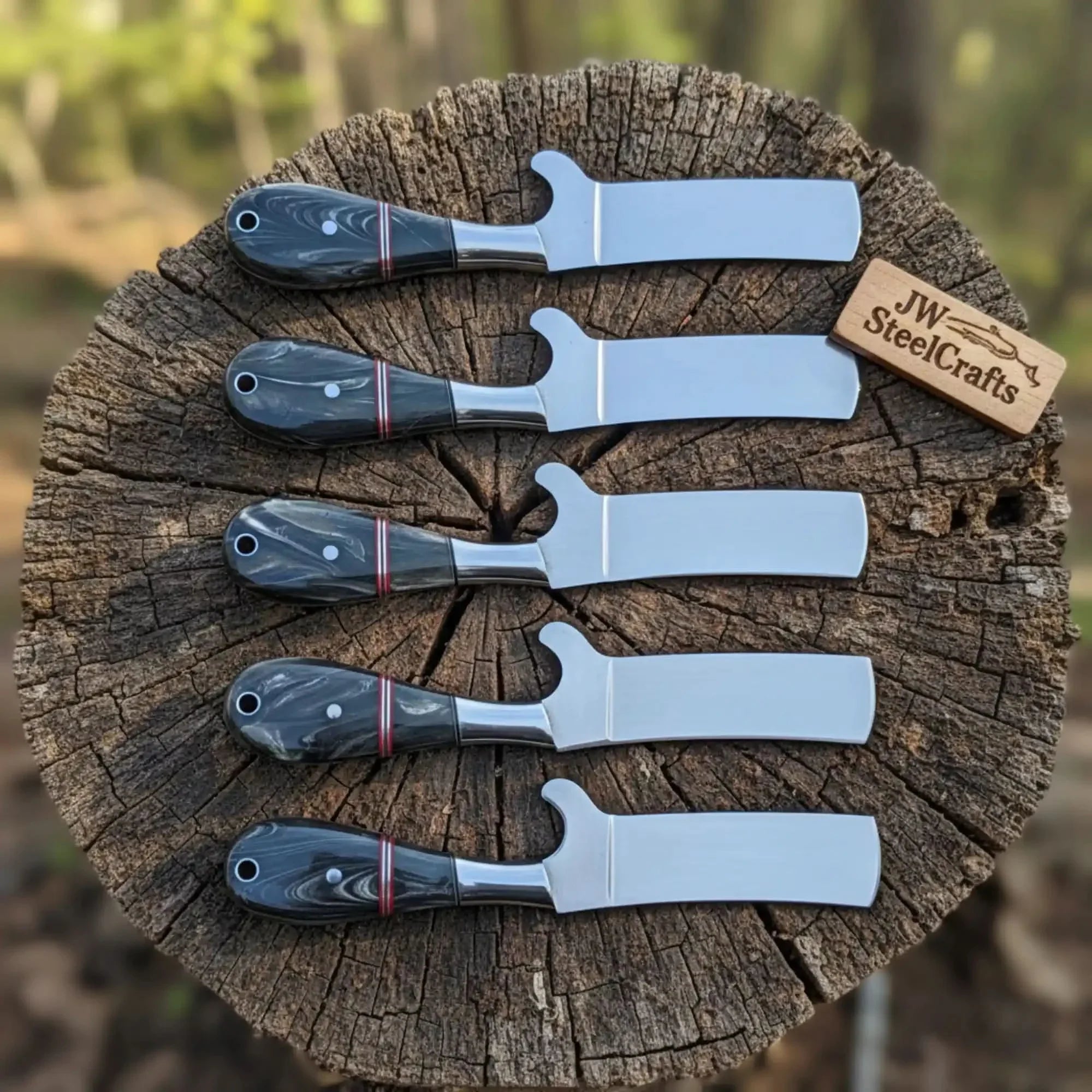 Custom Handmade Stainless Steel Bull Cutter Knife Set with Black Marbled Resin Handles