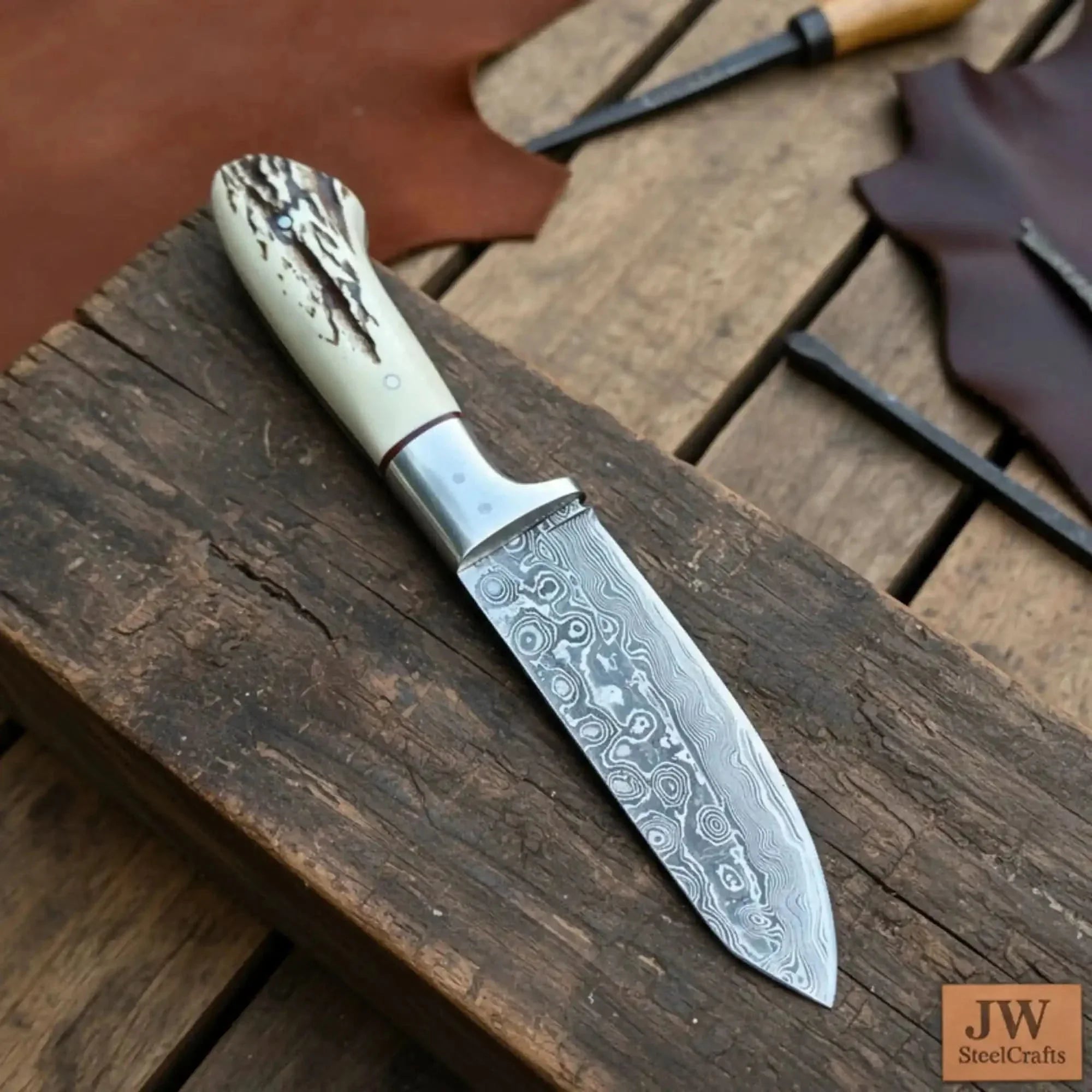 Damascus Leaf Shape Knife Traditional Synthetic Stag Handle Utility Tool