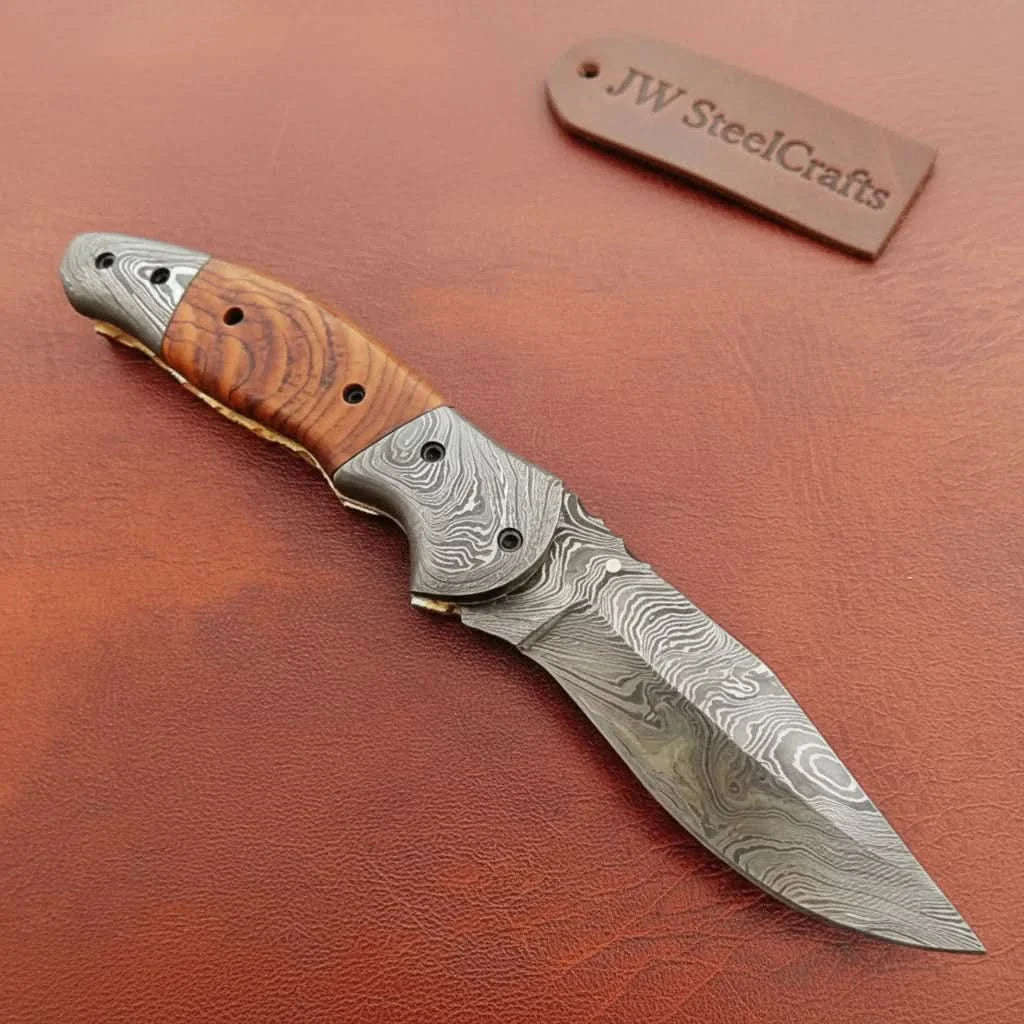 Handmade Damascus Steel Folding Knife with Amber Burl Wood Handle – Custom Pocket Knife by JW SteelCrafts